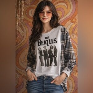 Custom Upcycled The Beatles Flannel Pullover Graphic Shirt OSFM OOAK Black White